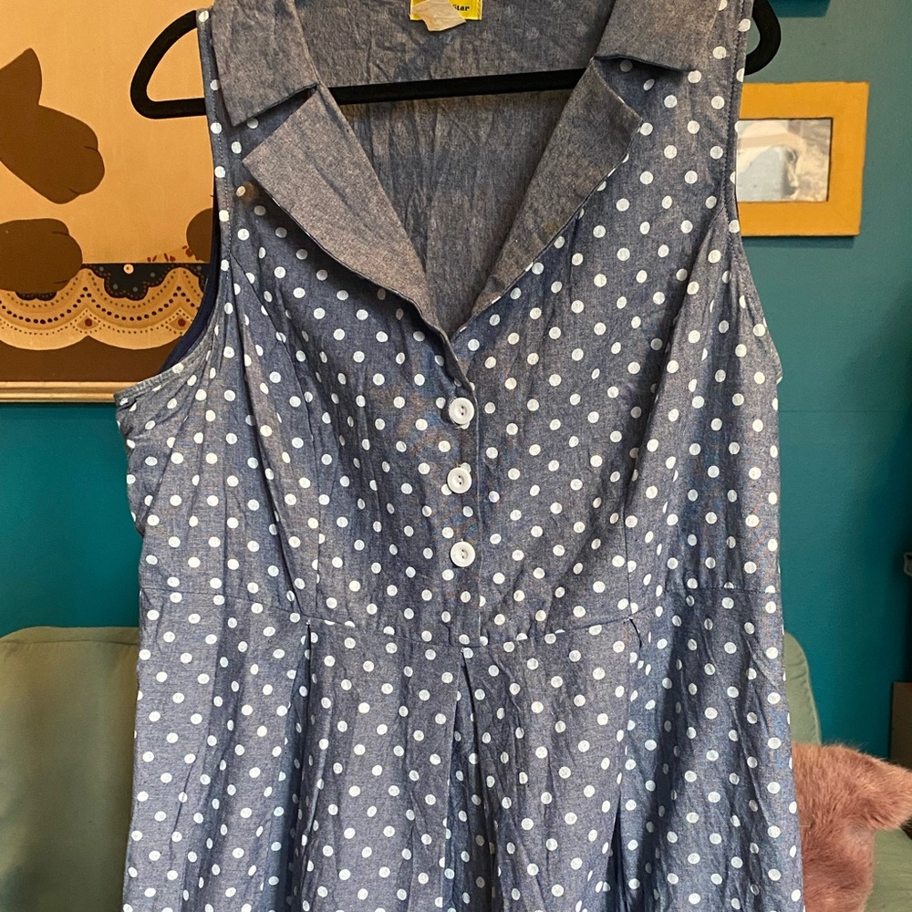 Retro Denim Polka Dot Dress With Collar